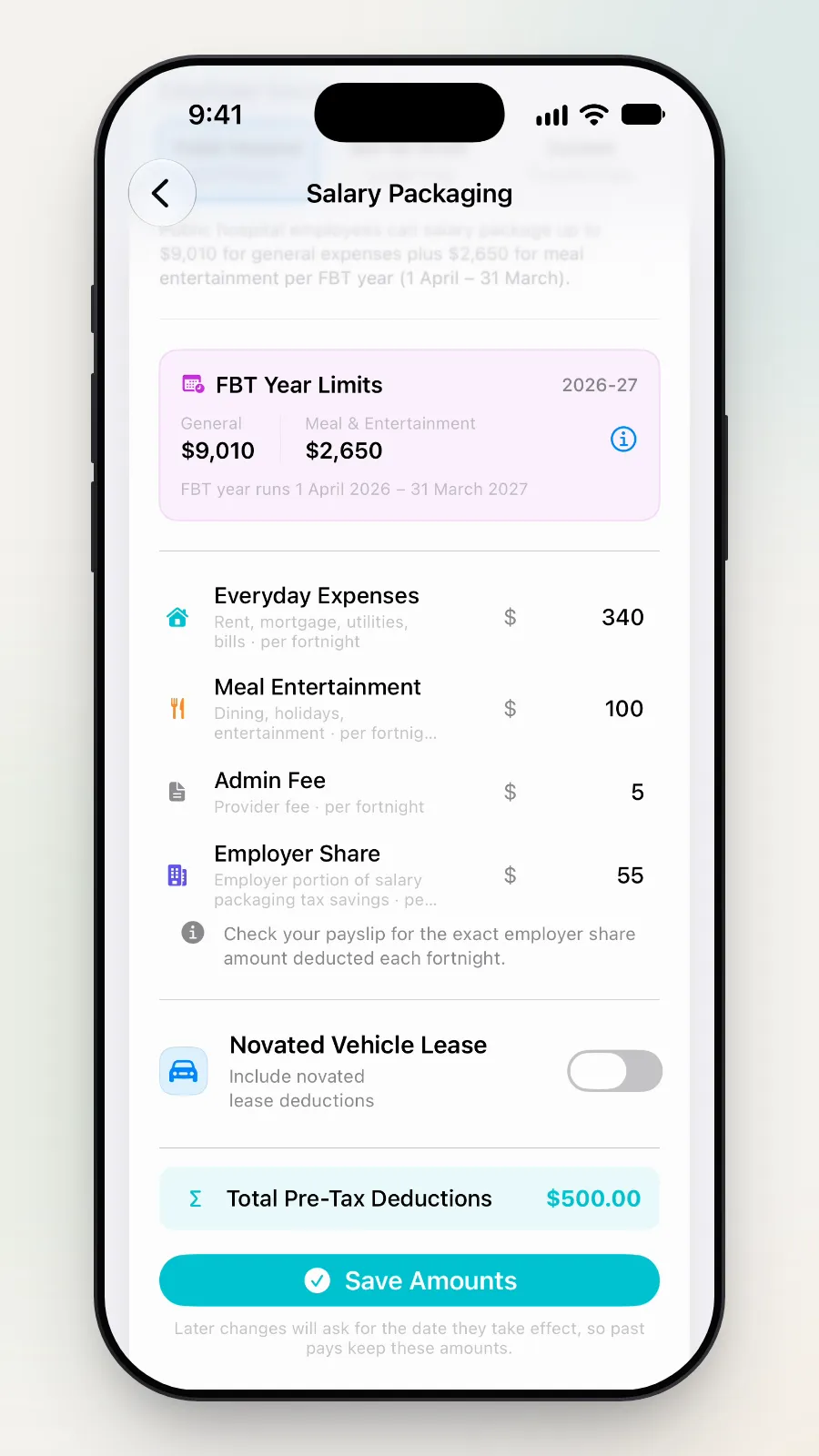 The amounts with Novated Vehicle Lease left off.