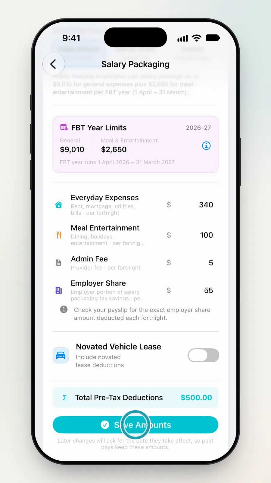 The Save Amounts button being tapped.