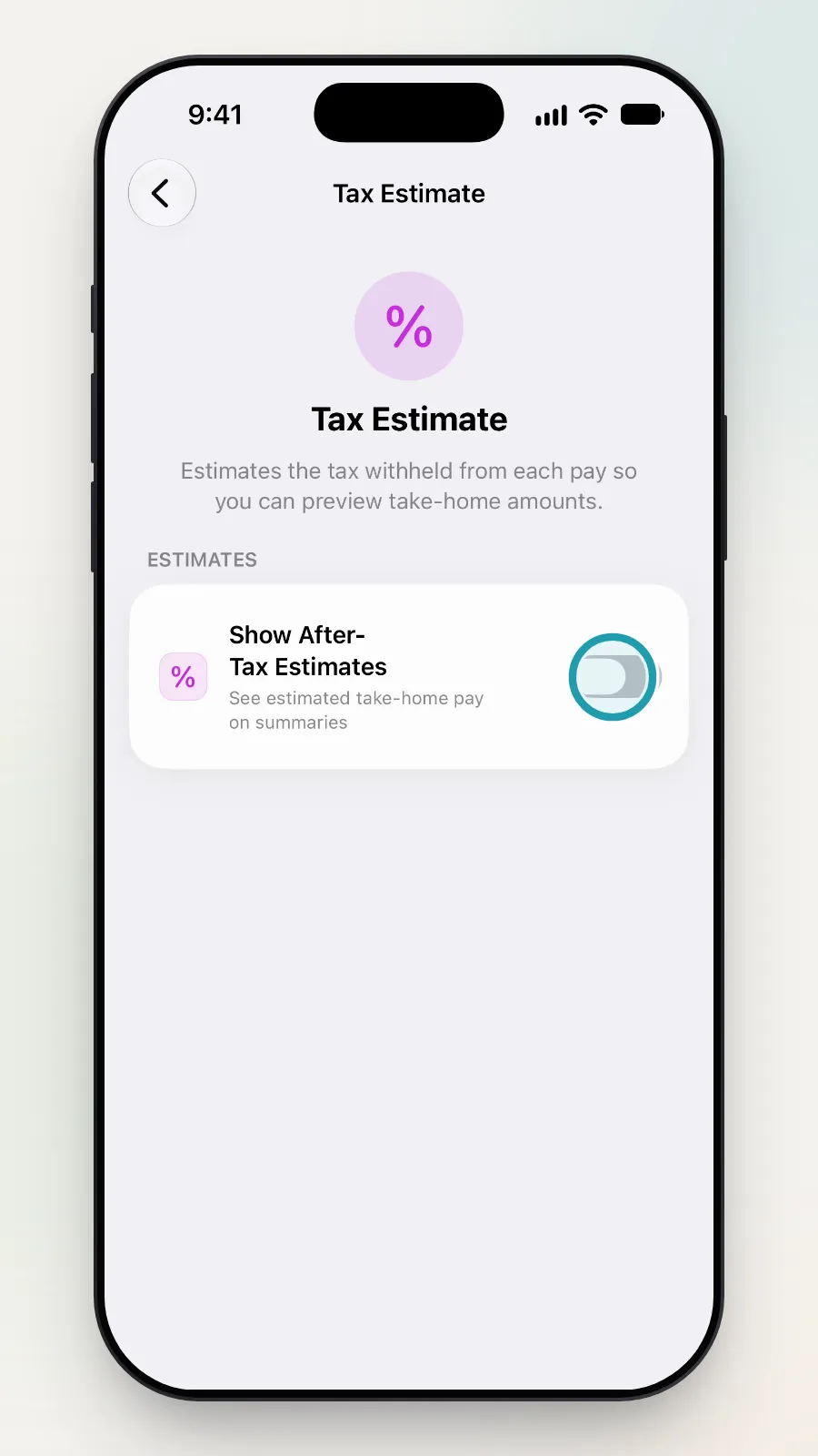 The Tax Estimate screen with the Show After-Tax Estimates switch being turned on.