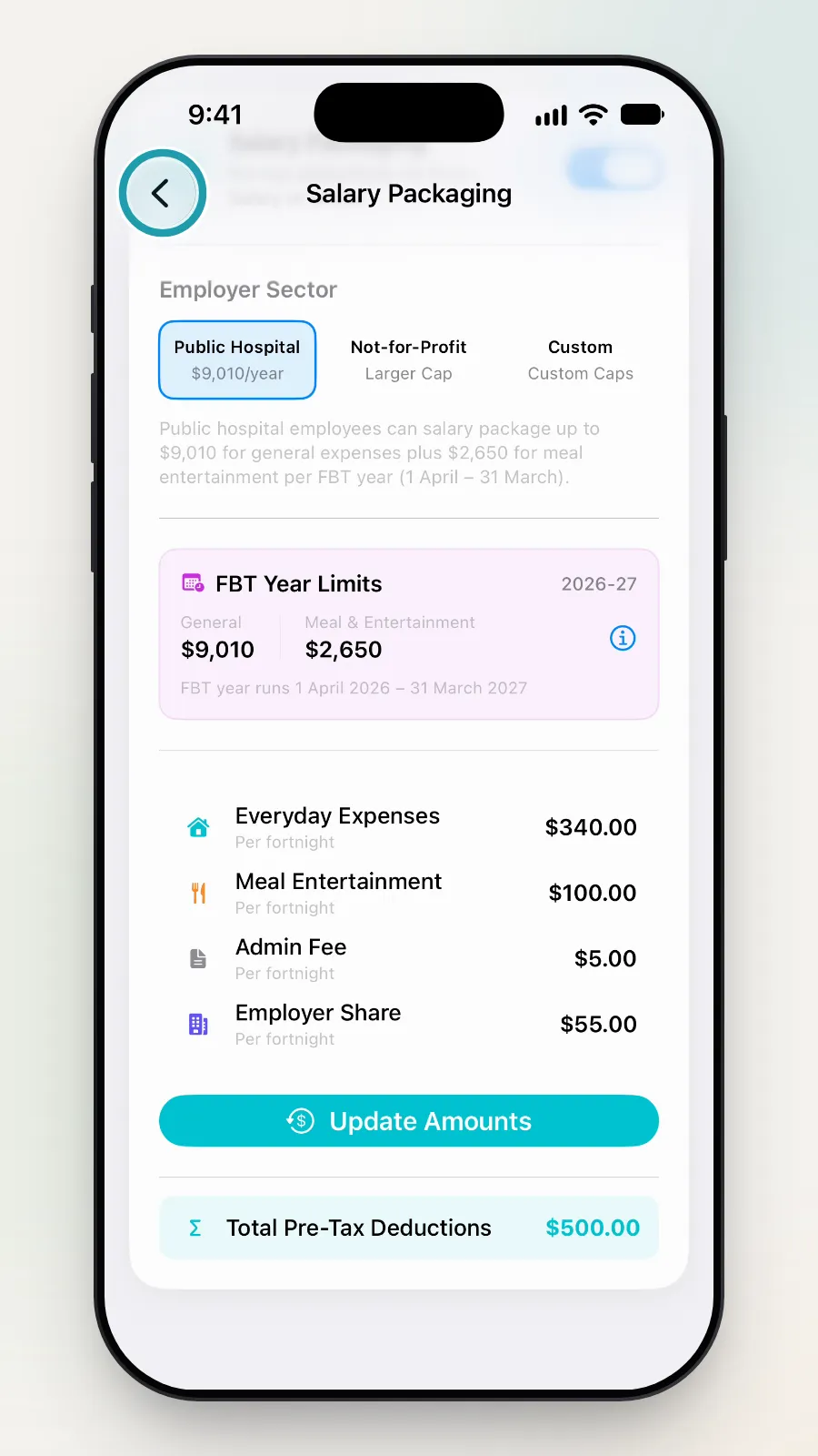 The Salary Packaging screen with the back button at the top left being tapped again.