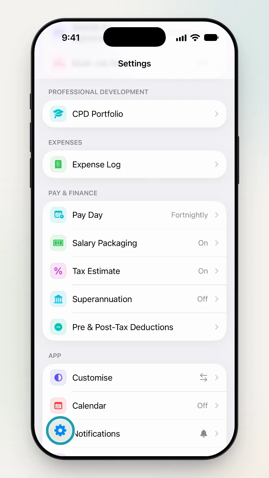 The round button at the bottom left of the Settings screen being tapped.