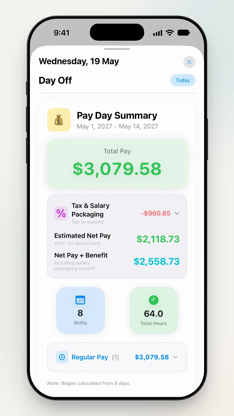 The Pay Day Summary for 1 to 14 May 2027, with Total Pay $3,079.58 and the Tax & Salary Packaging card.