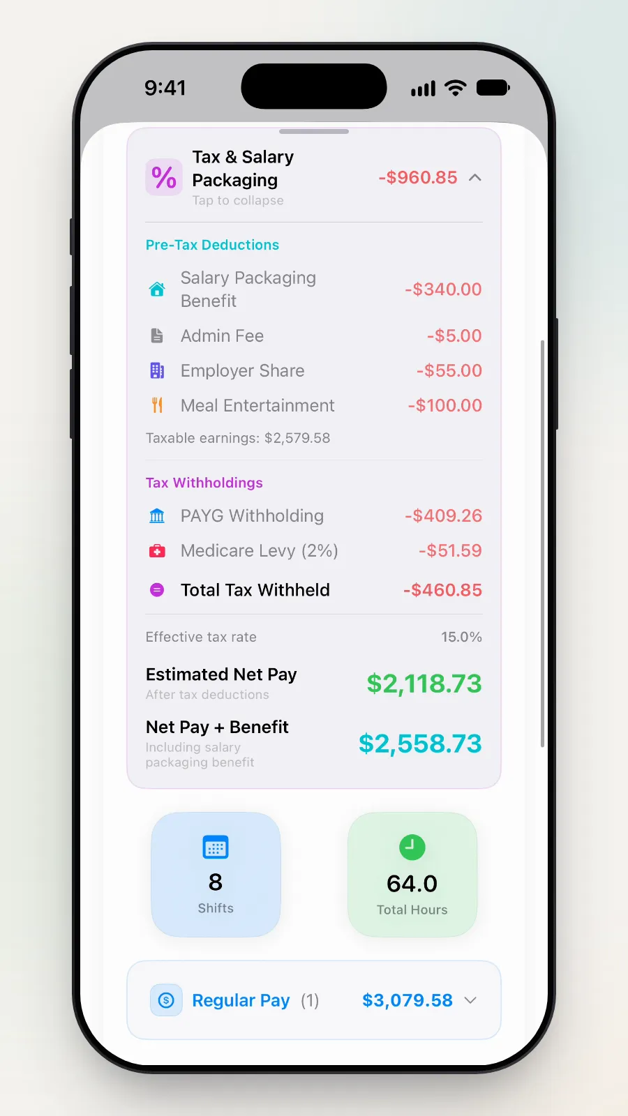 The open card scrolled down to Estimated Net Pay $2,118.73.