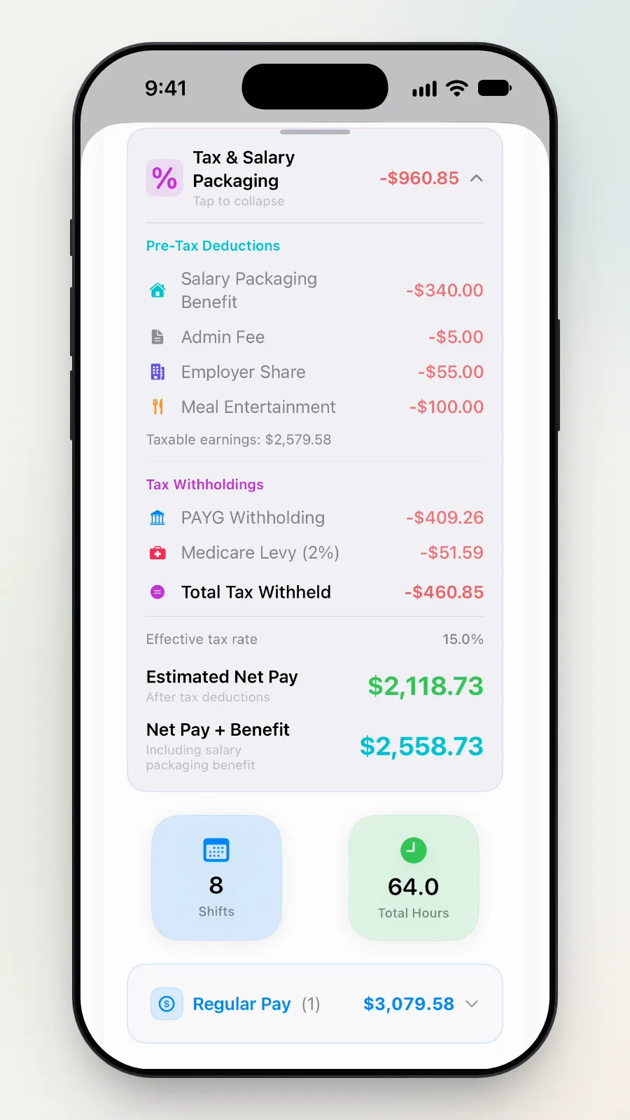 Net Pay + Benefit of $2,558.73, including the salary packaging benefit.