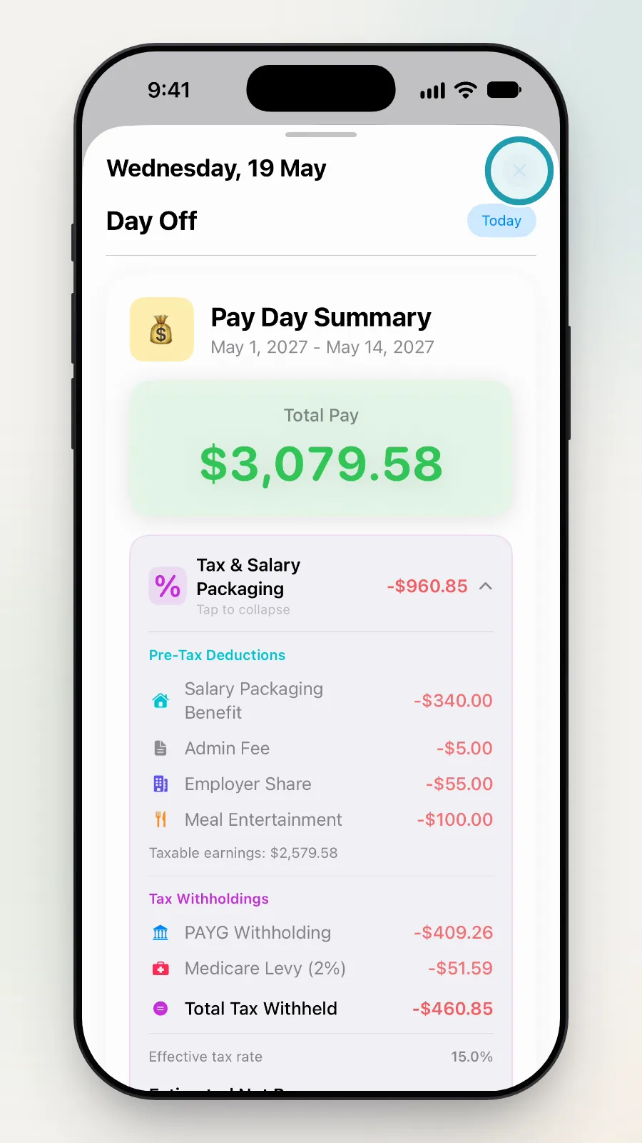 The X at the top right of the Pay Day Summary being tapped.