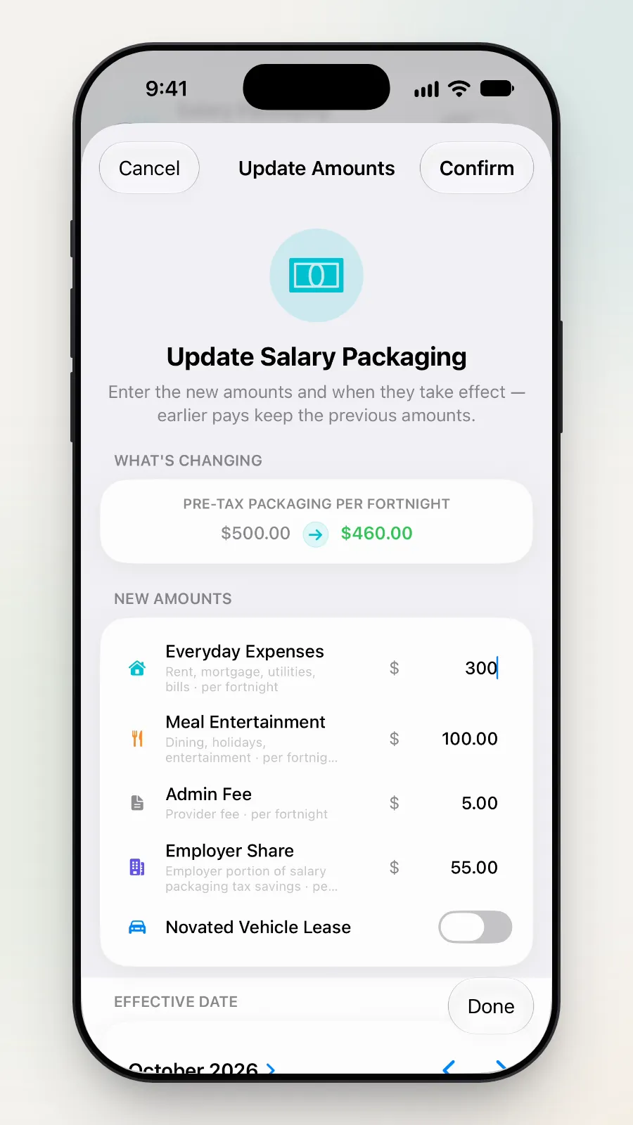 Everyday Expenses changed to 300; the top shows $500.00 changing to $460.00 per fortnight.
