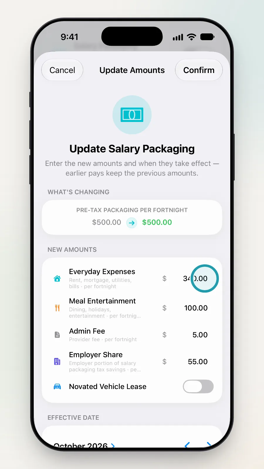 The Update Amounts box, with the Everyday Expenses amount being tapped.