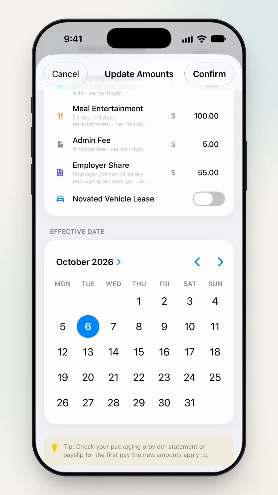 The Effective Date calendar and a tip to check your payslip for the first pay the new amounts apply to.
