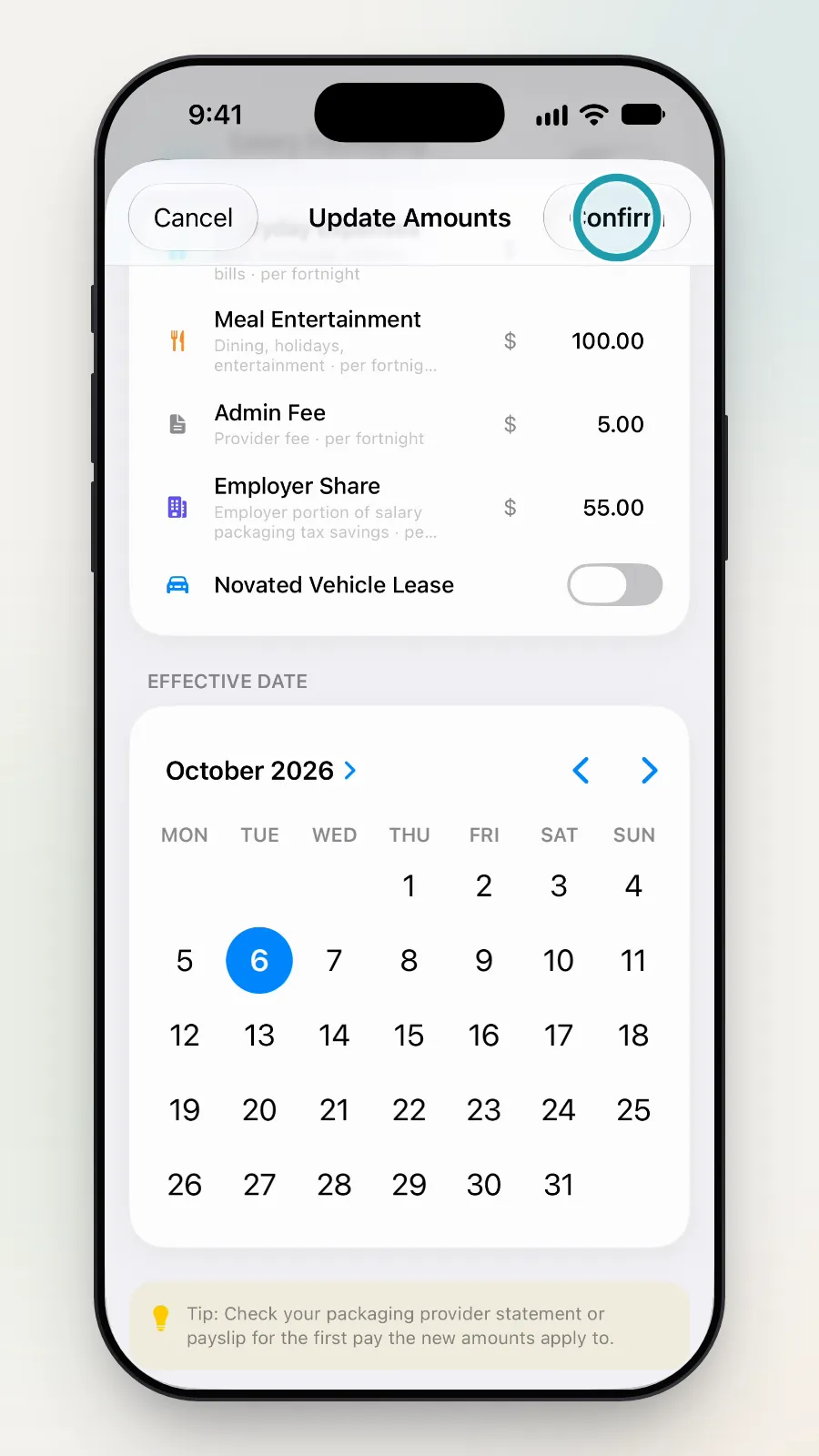 The Confirm button at the top right being tapped.