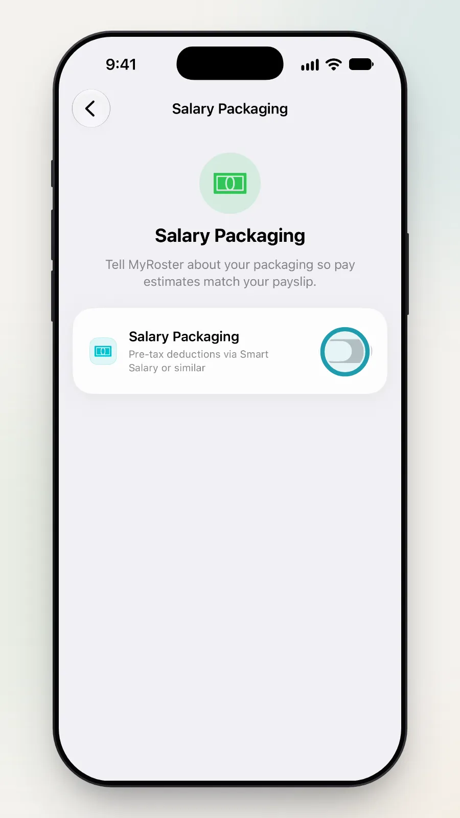 The Salary Packaging screen with the Salary Packaging switch being turned on.