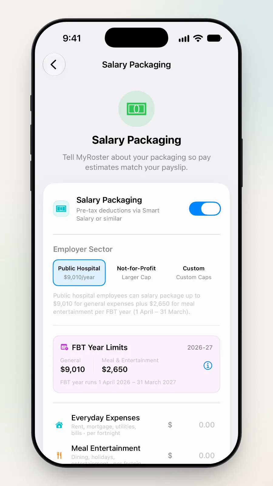 Salary Packaging switched on, showing Employer Sector with Public Hospital selected.