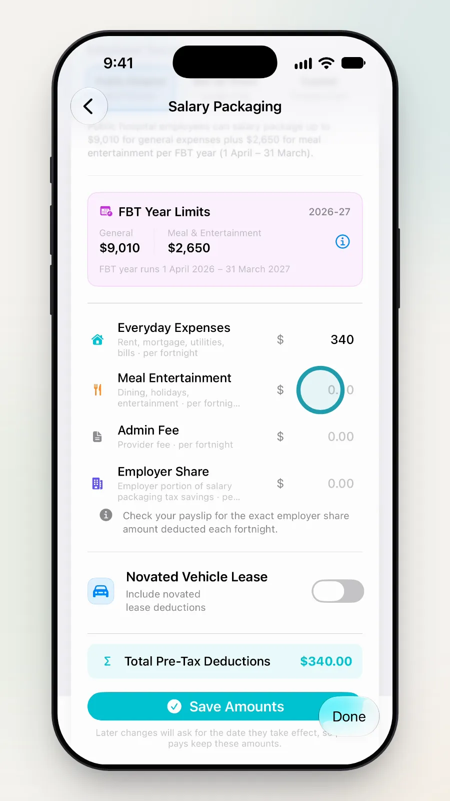 Everyday Expenses showing 340, with the Meal Entertainment box being tapped.