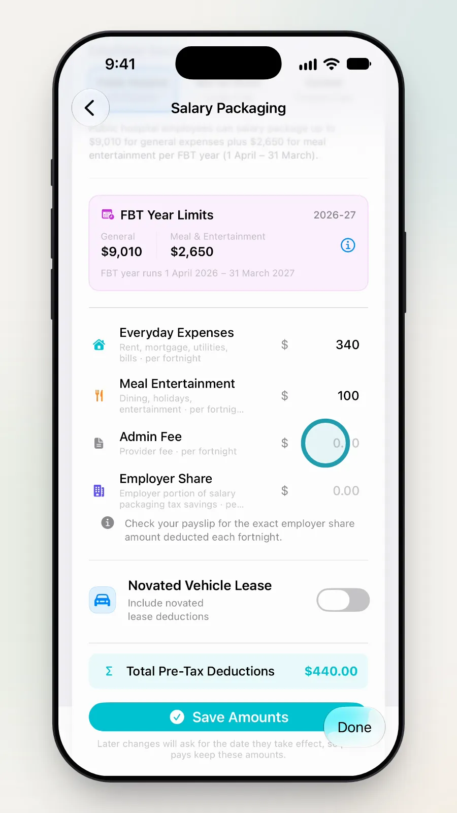 Meal Entertainment showing 100, with the Admin Fee box being tapped.