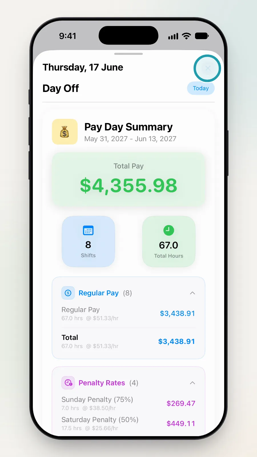 The X at the top right of the pay day box being tapped.