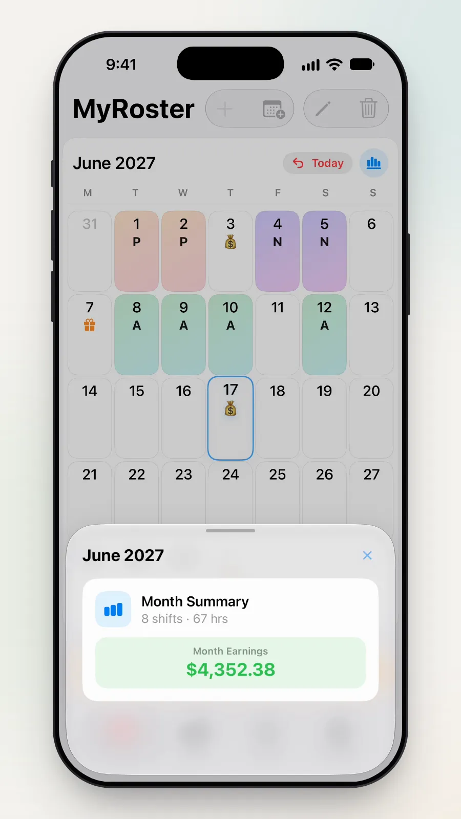 The Month Summary box: 8 shifts, 67 hours, and Month Earnings.