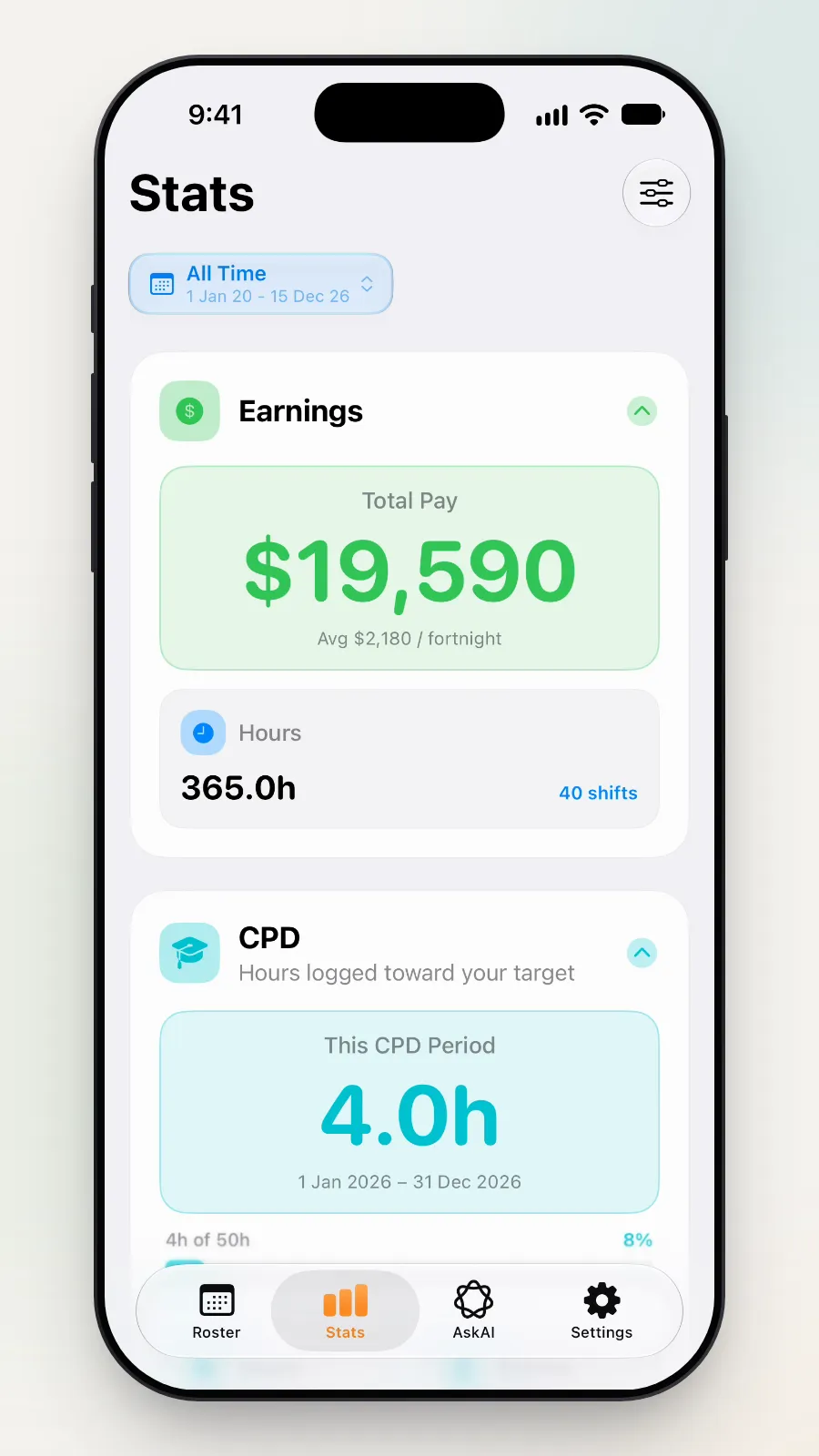 Stats on All Time with the Earnings card.