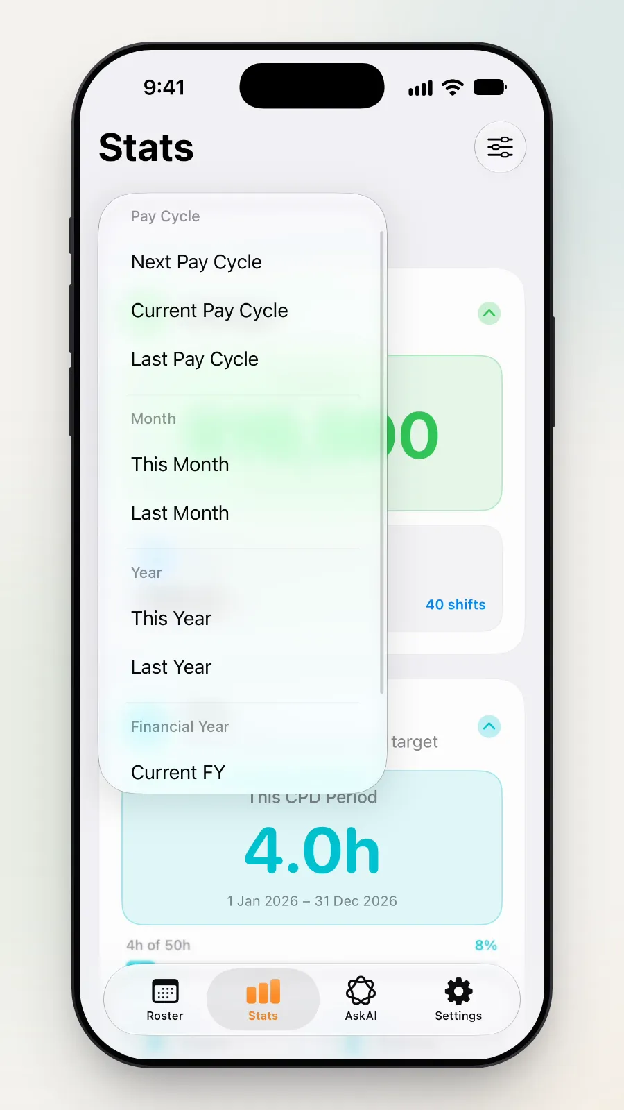 The period menu: pay cycles, months, years and financial years.