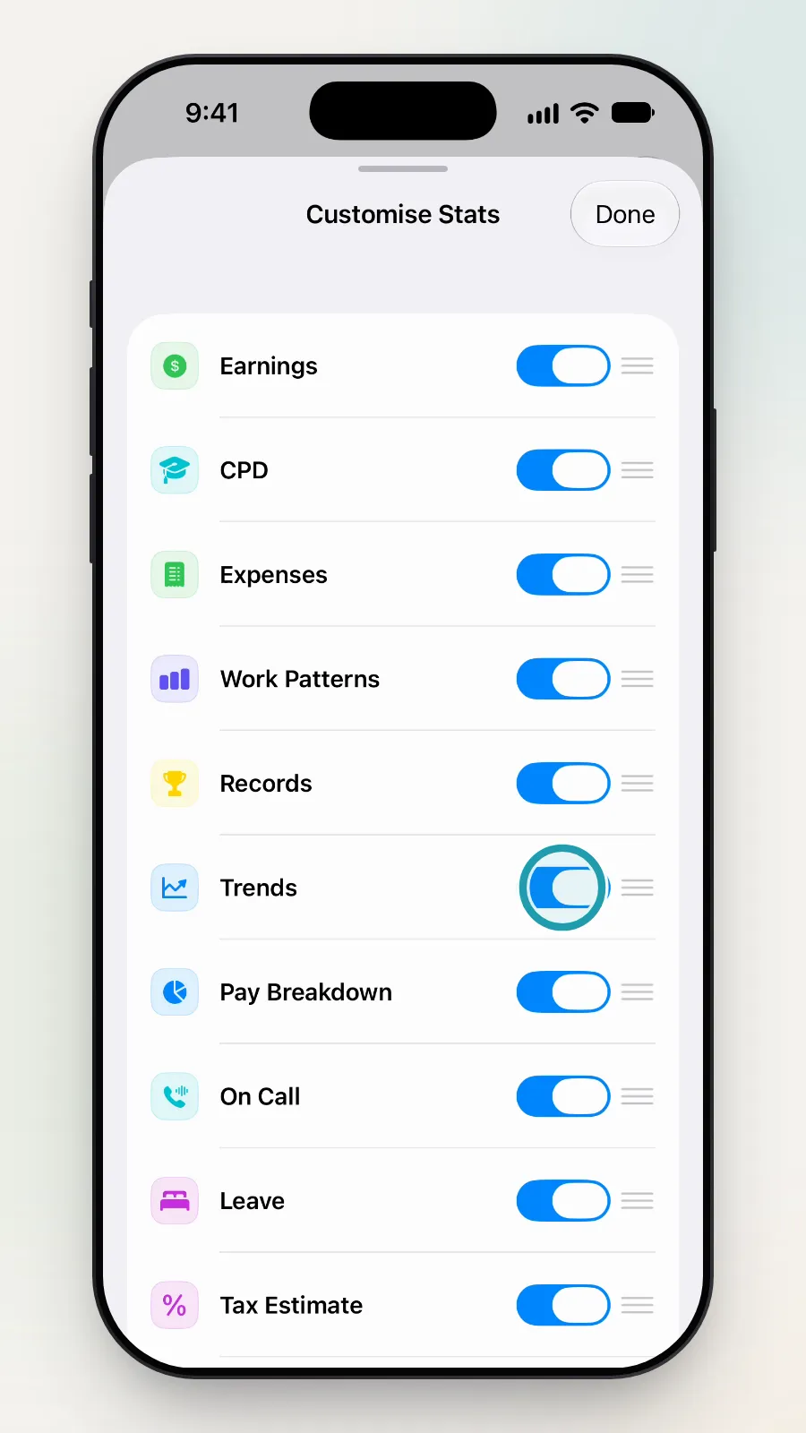 Customise Stats at full height with the Trends switch being tapped.