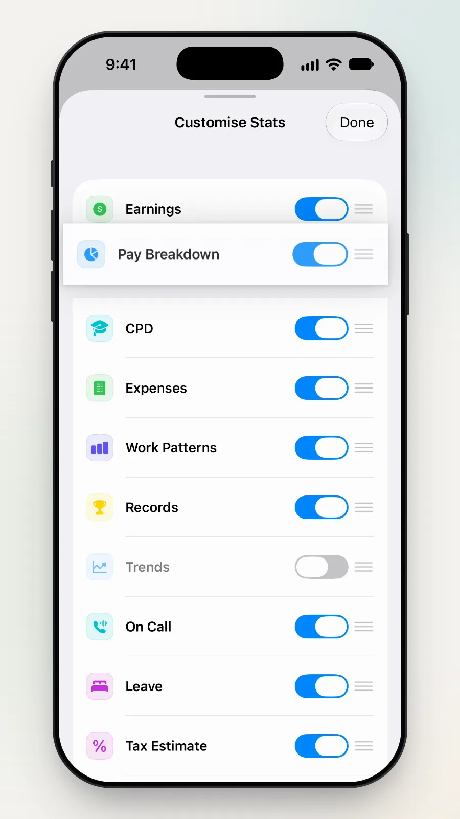Customise Stats with Pay Breakdown moved up under Earnings and Trends off.