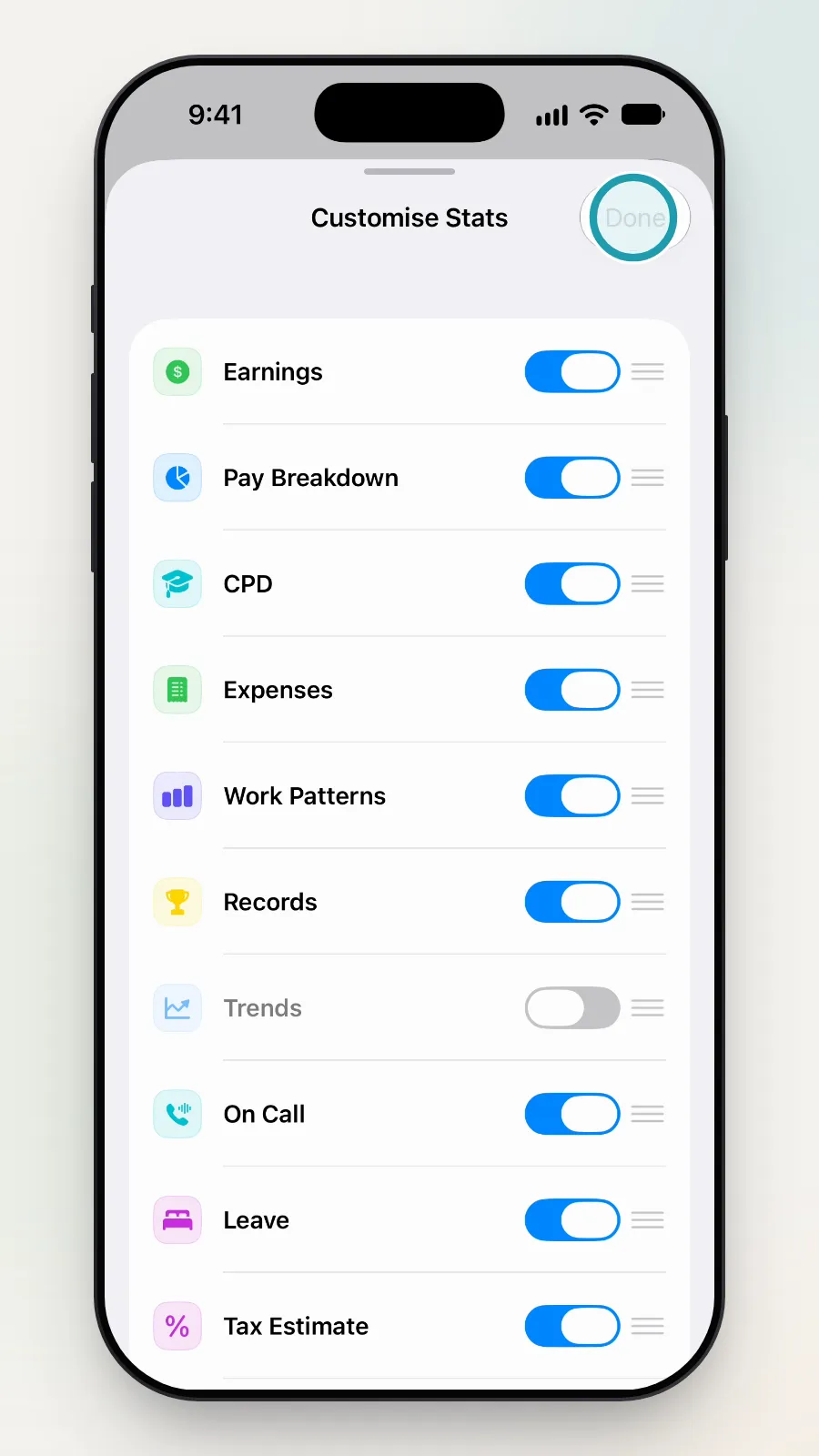 Done at the top right of Customise Stats being tapped.