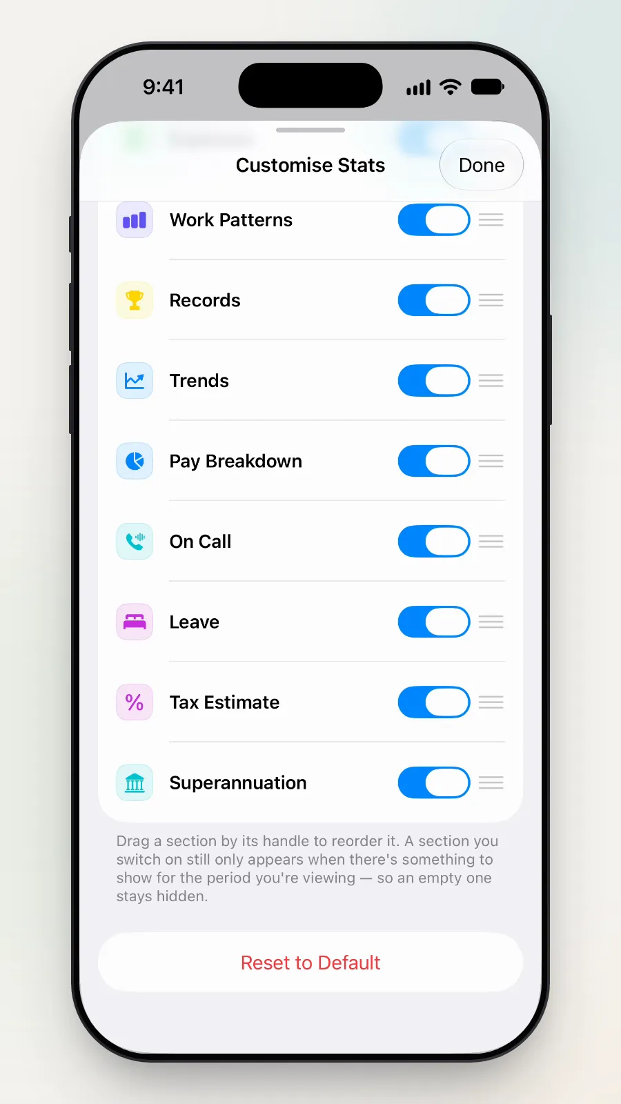 Customise Stats in the original order with every switch on.