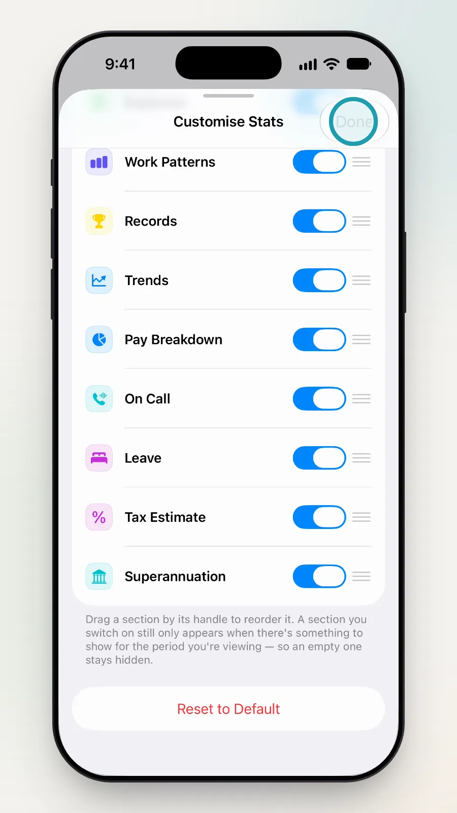 Done at the top right of Customise Stats being tapped.