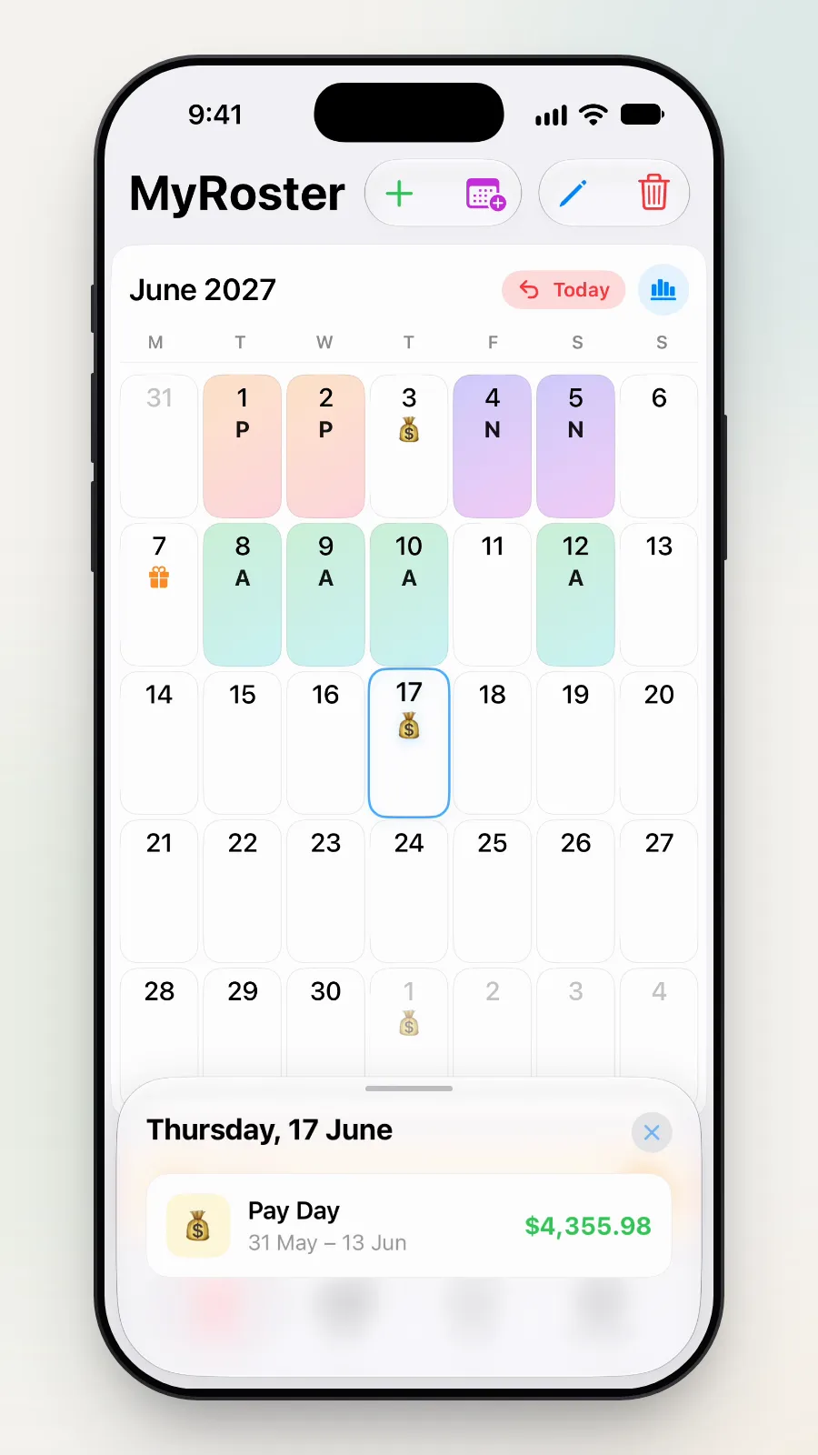 A small box for Thursday 17 June: Pay Day, 31 May to 13 Jun, and the total.
