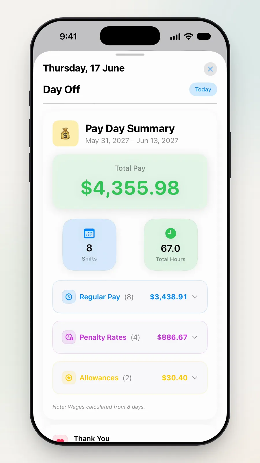 Pay Day Summary for 31 May to 13 June 2027 with Total Pay.