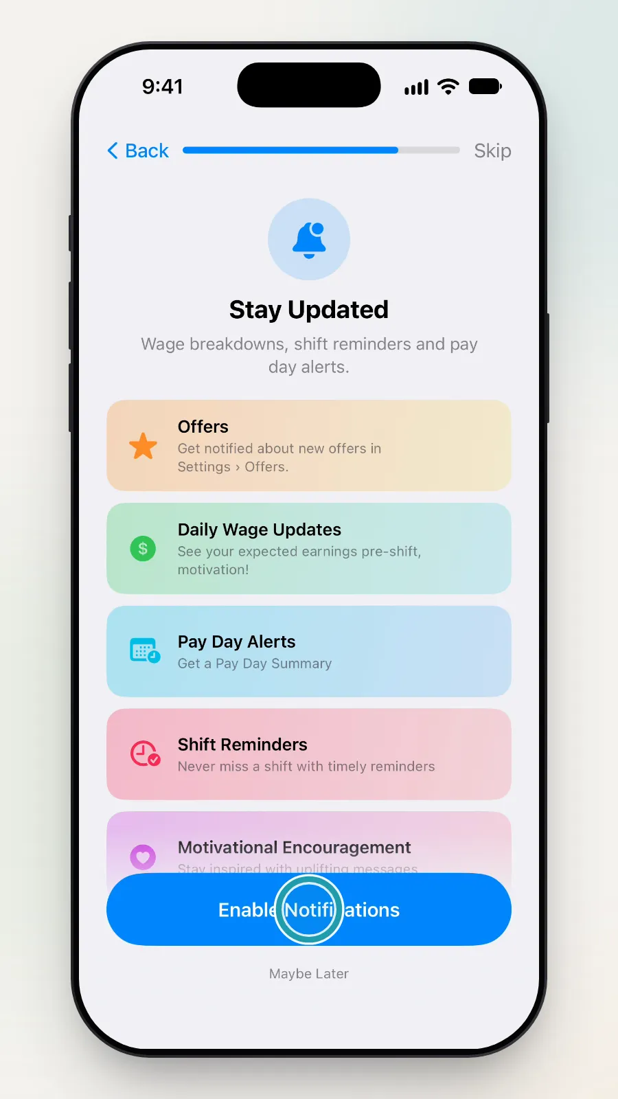 The Stay Updated page with the Enable Notifications button being tapped.