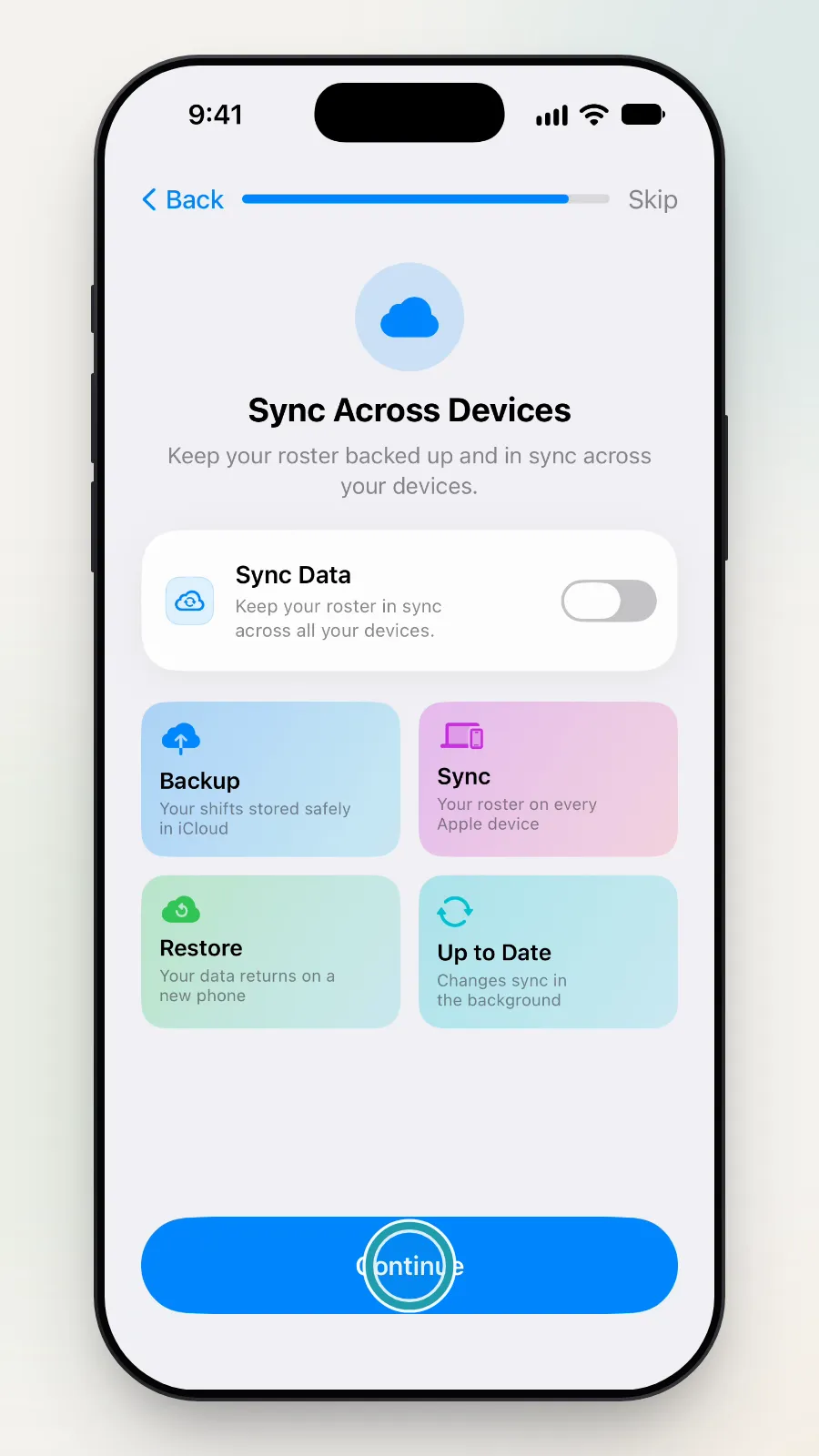 The Sync Across Devices page, with the Continue button being tapped.