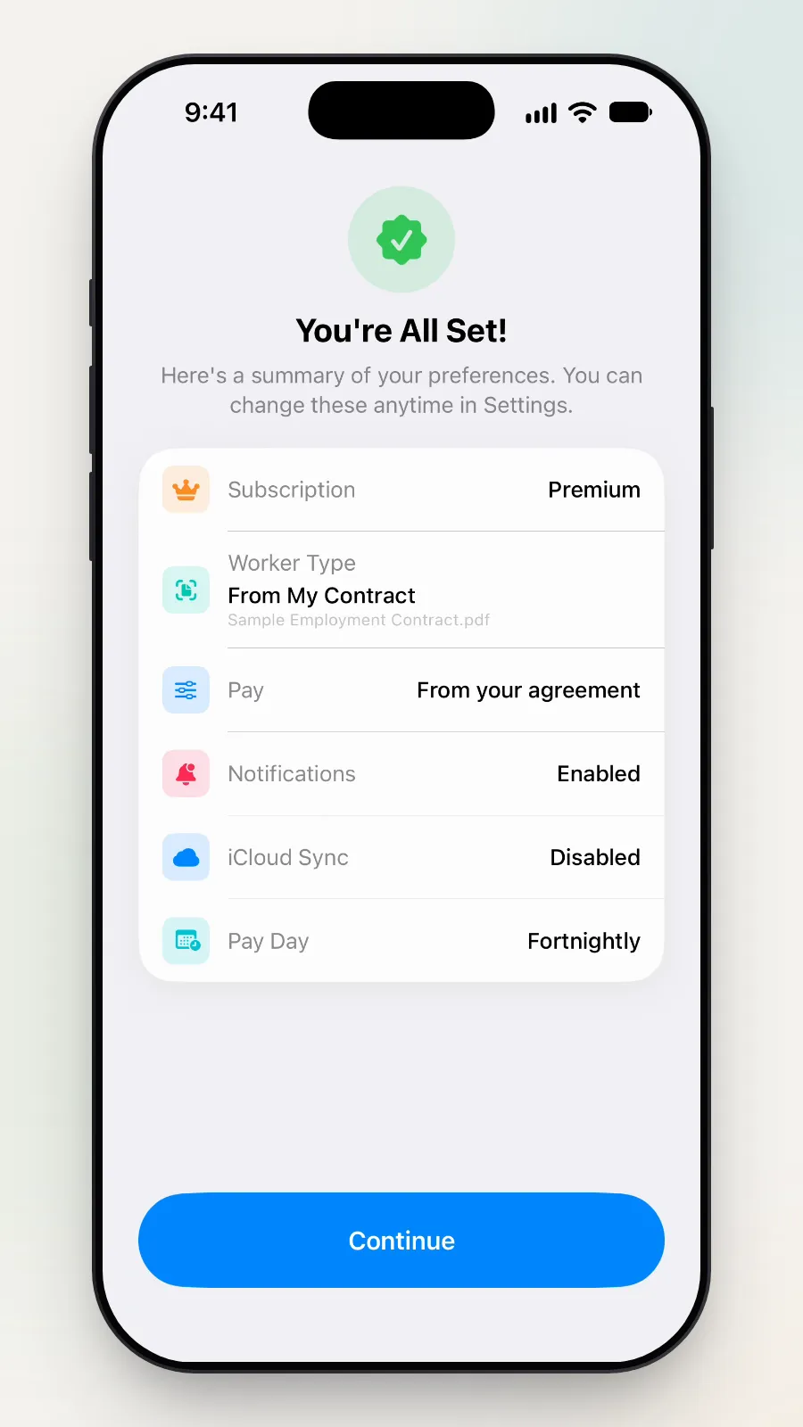Close-up of You're All Set! showing Worker Type From My Contract and Pay From your agreement.