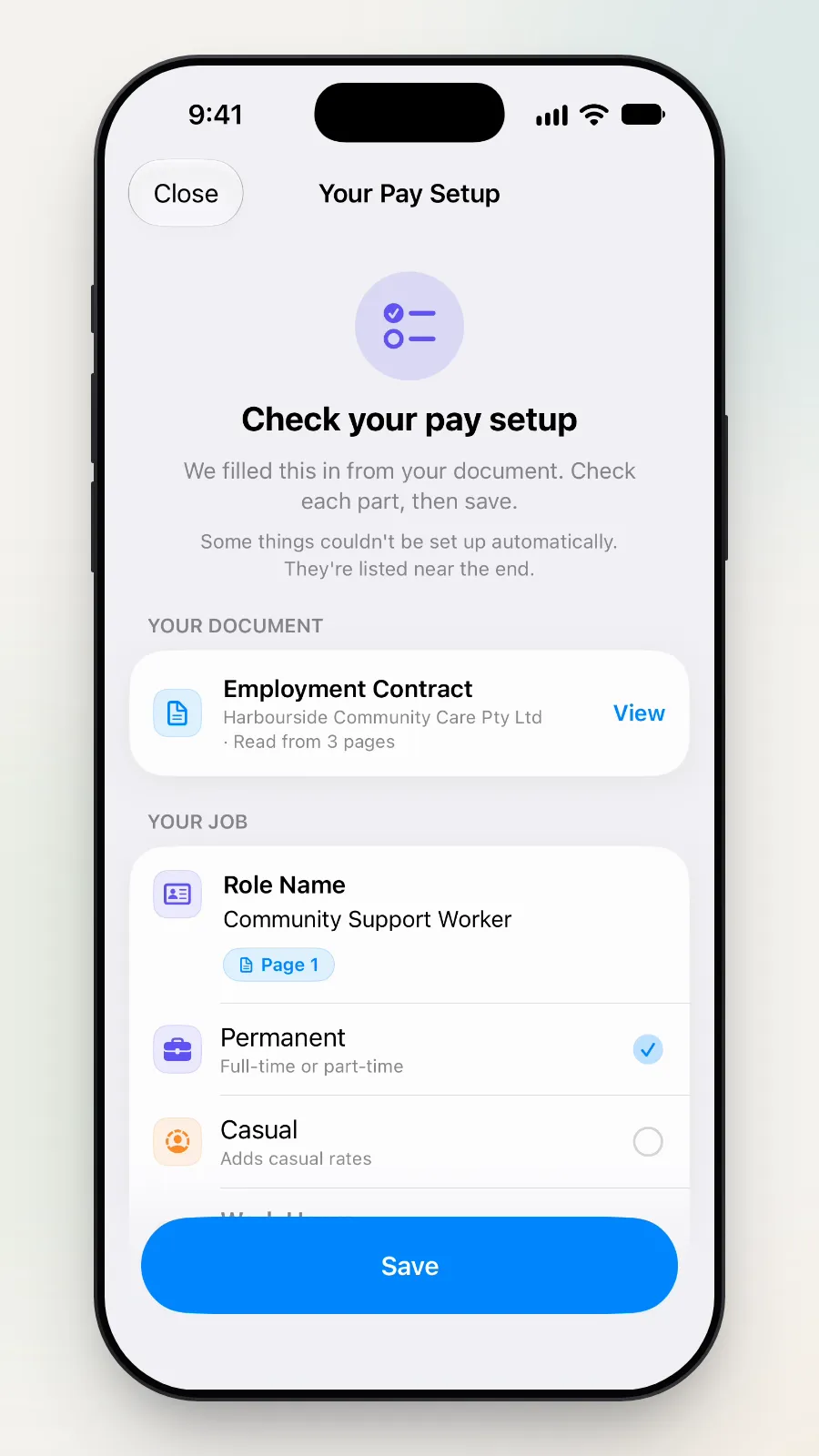 The Your Pay Setup screen with the Your Job section.