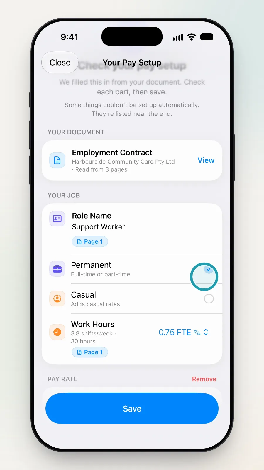 The keyboard's Done button being tapped, with the role name now Support Worker.