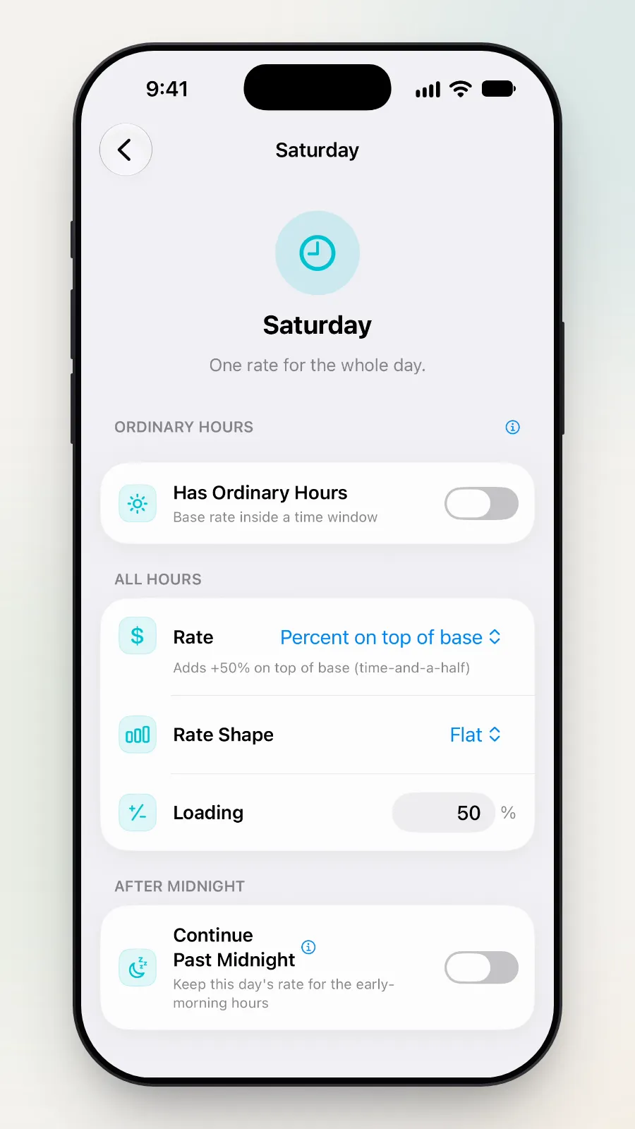 The Saturday editor: one rate for the whole day, 50 percent on top of base.