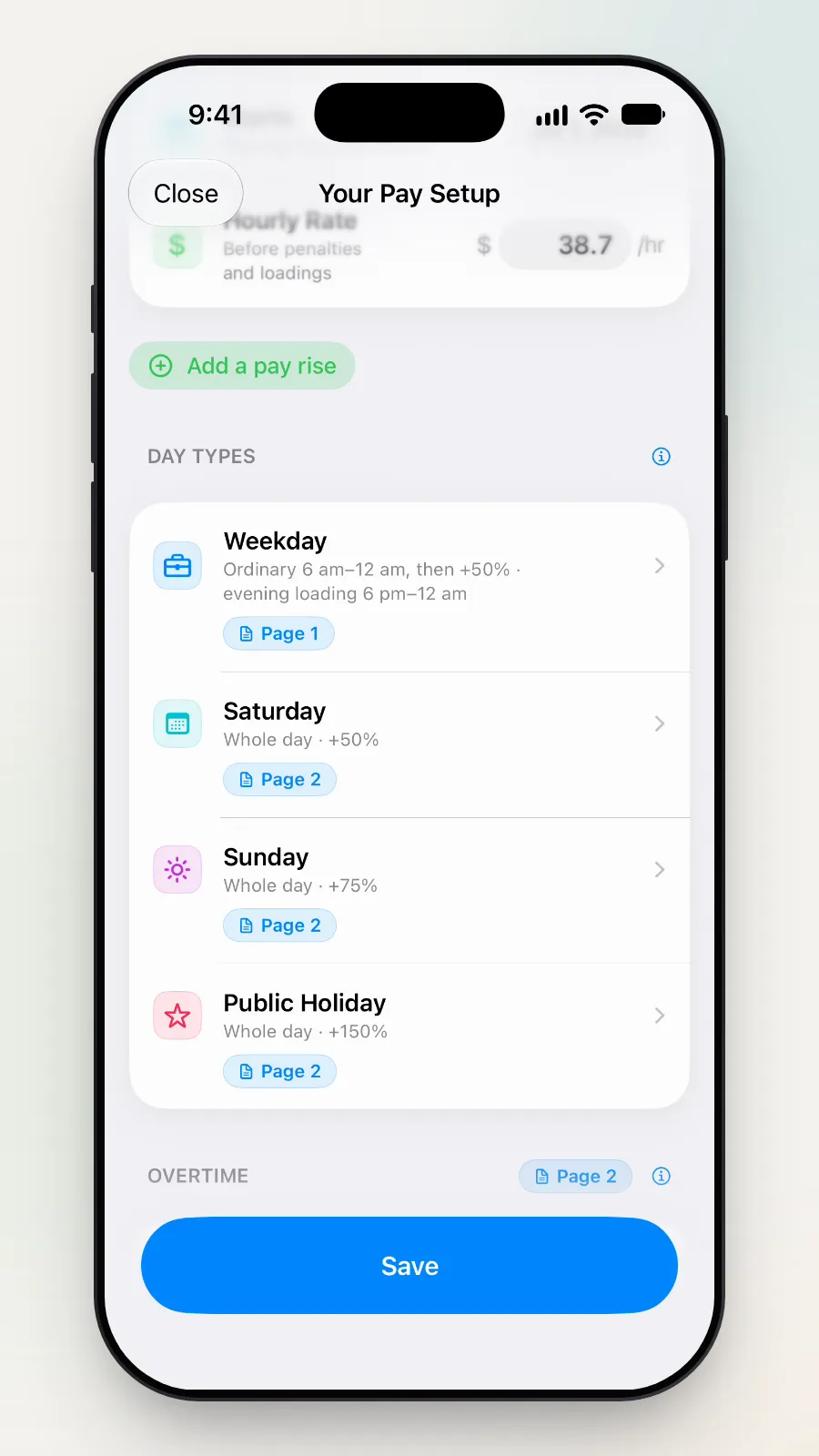 The Overtime and Special Rules sections of Your Pay Setup.