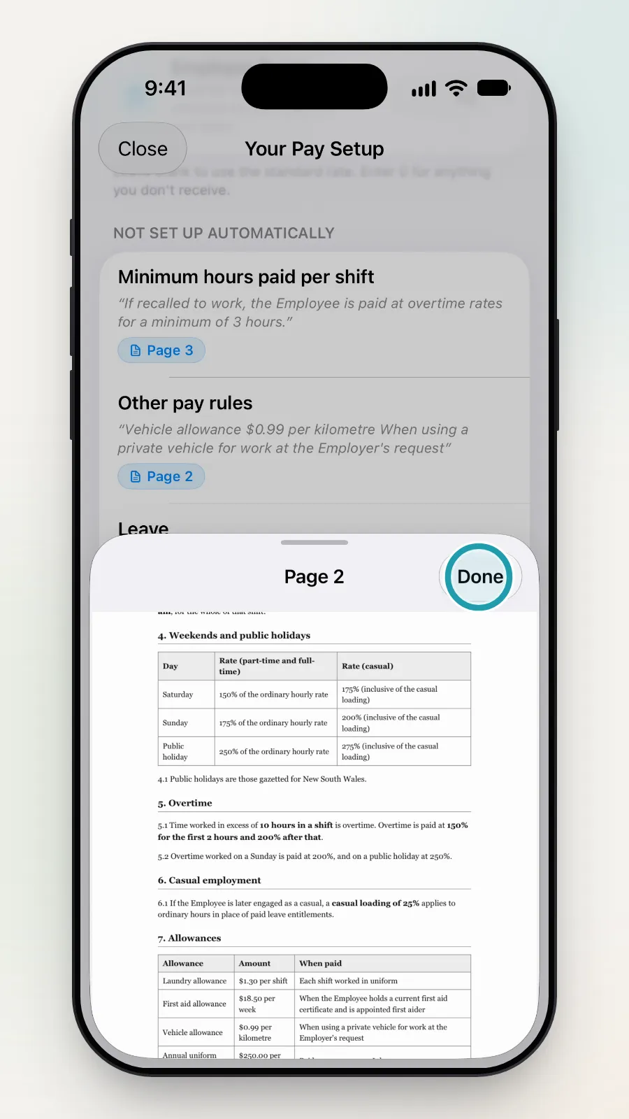 The Done button on the document page being tapped.