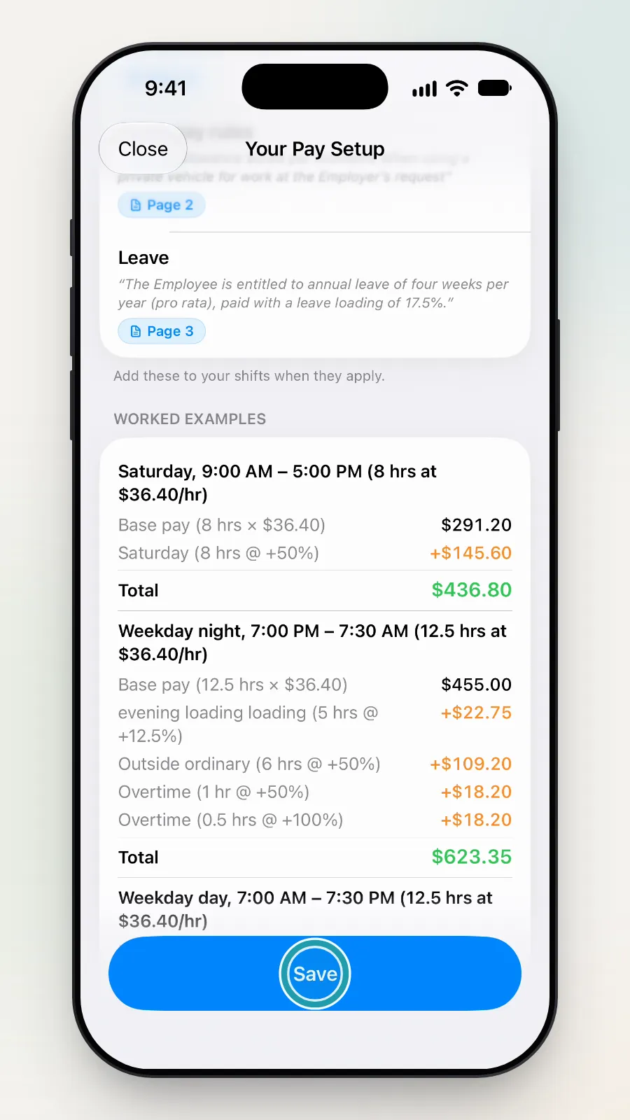 The Save button at the bottom of Your Pay Setup being tapped.