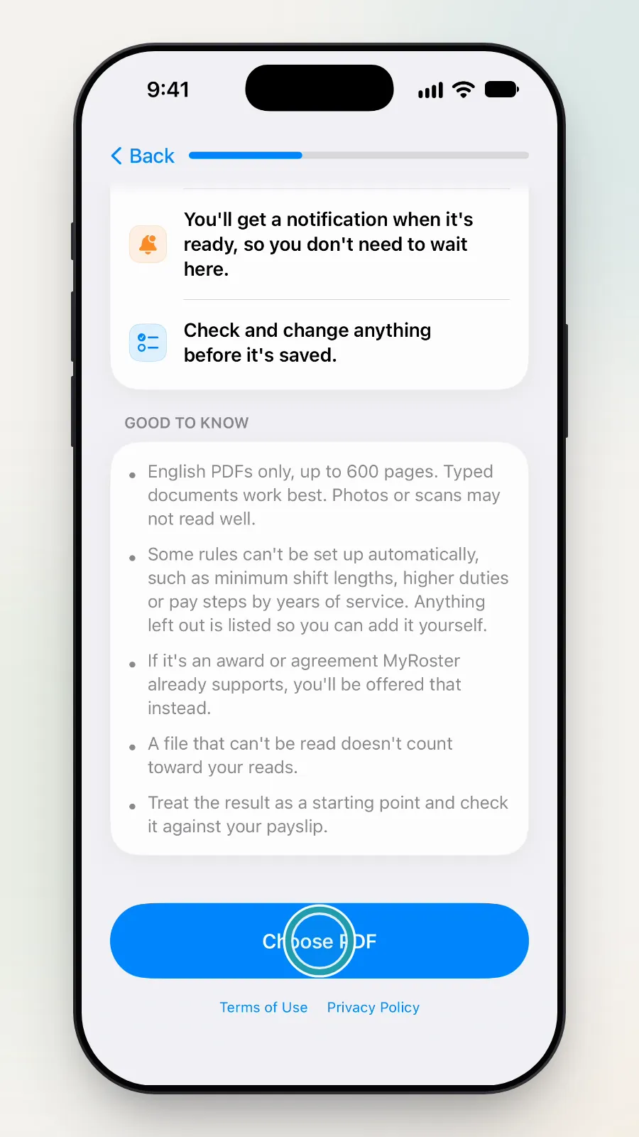 The Choose PDF button being tapped.