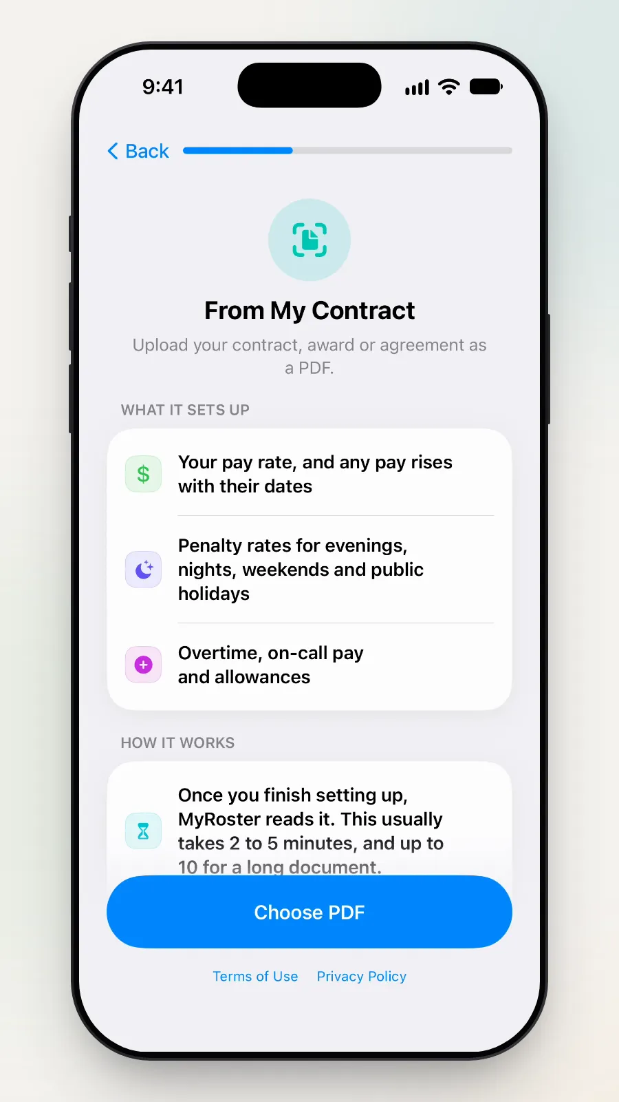 Close-up of the From My Contract page: what it sets up from your document.