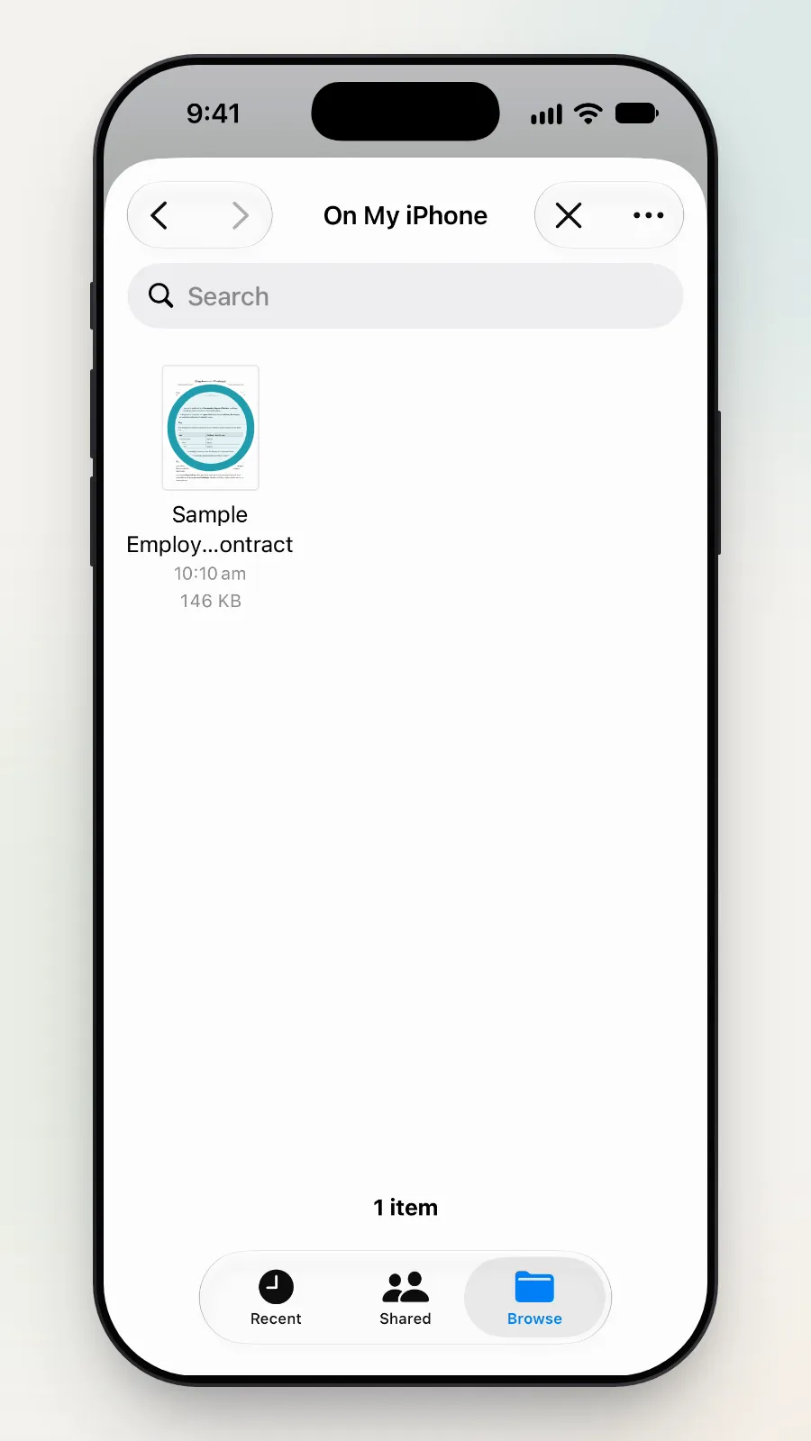 The Files picker on On My iPhone, with Sample Employment Contract being tapped.