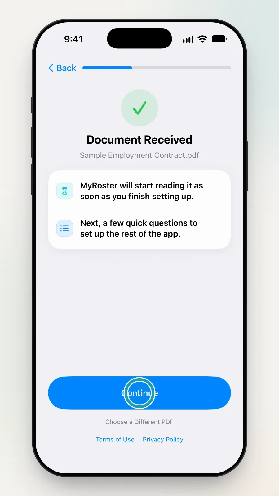 Document Received with the Continue button being tapped.