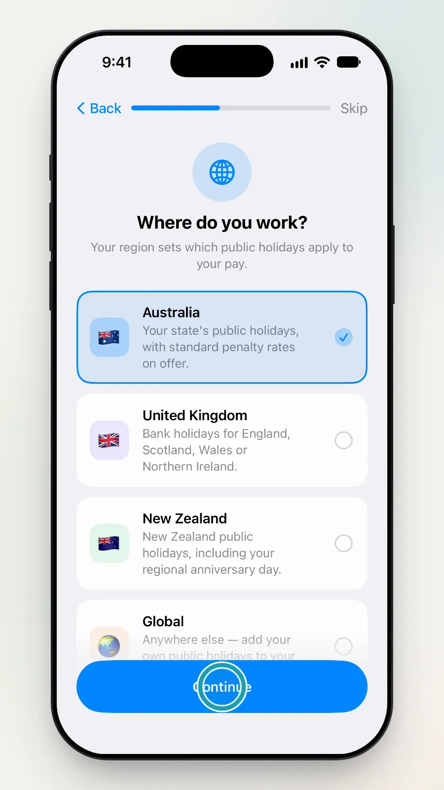 The Continue button on Where do you work? being tapped.