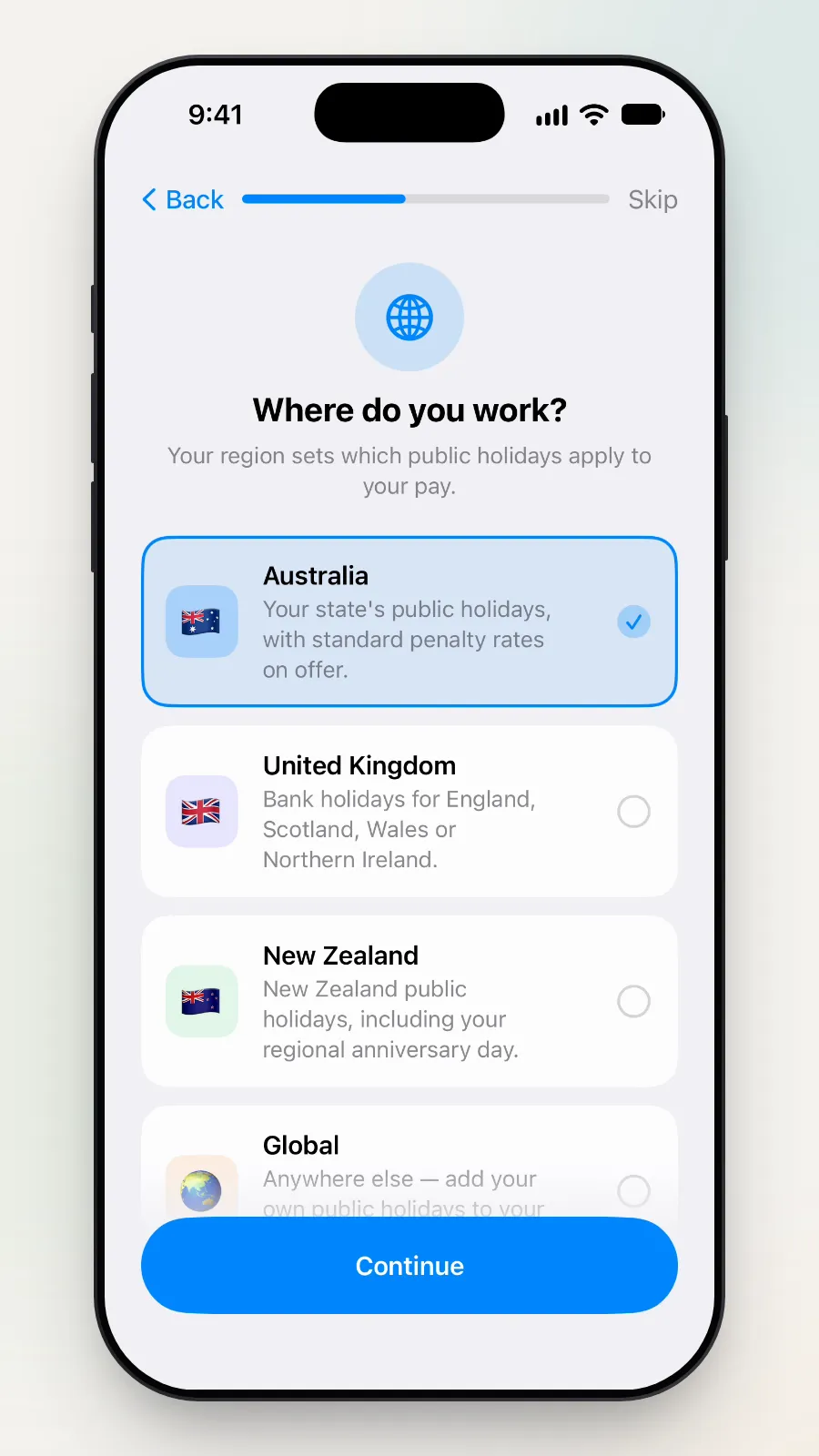 Close-up of the Where do you work? page with Australia selected.