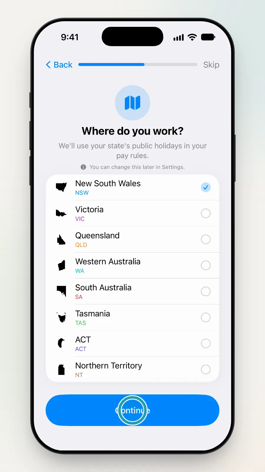 New South Wales ticked, with the Continue button being tapped.
