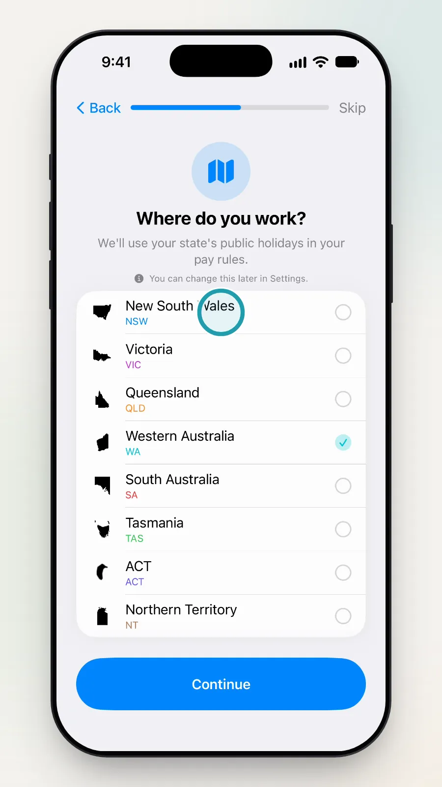 The state list with New South Wales being tapped.